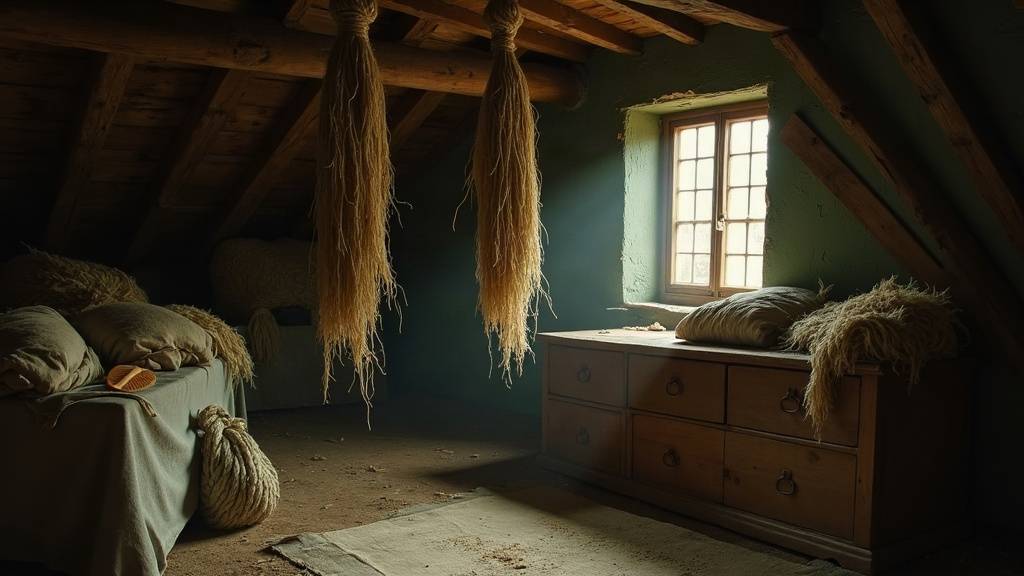 Cordes de chanvre enroulées, écheveaux et peigne à teiller dans un grenier de ferme