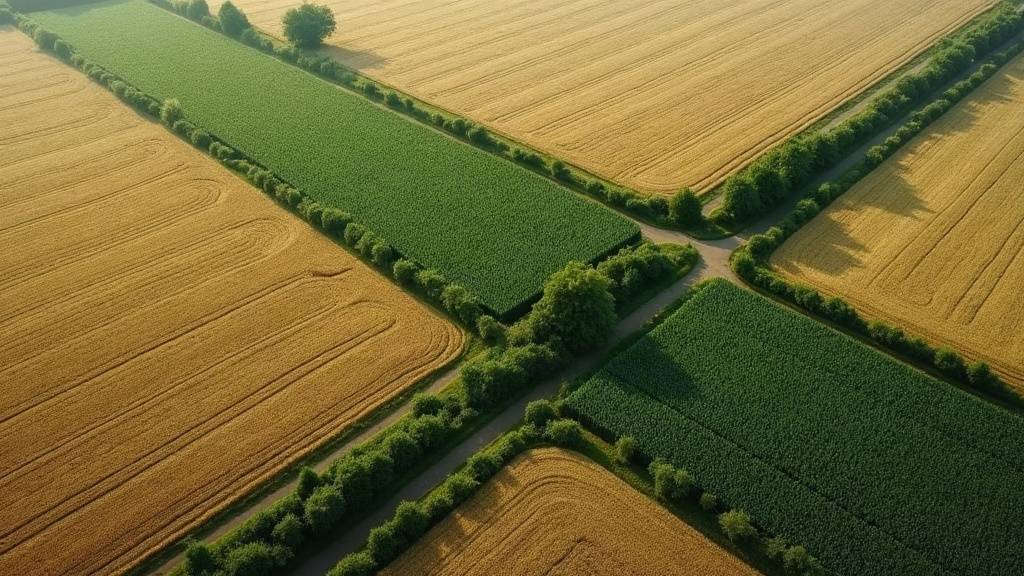 Vue aérienne de parcelles de chanvre au milieu de terres cultivées et de haies