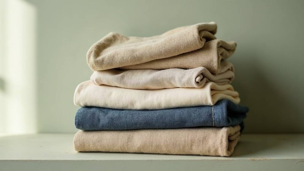 Pile de vêtements en chanvre écrus et indigo pliés sur une étagère claire