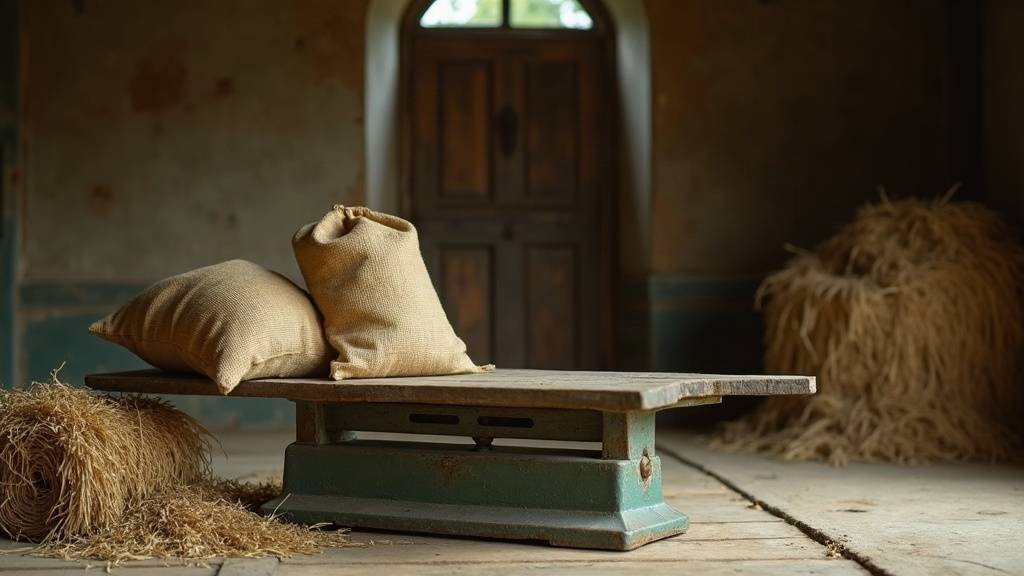 Balance à plateau et sacs de graines de chanvre sur le sol d'une grange
